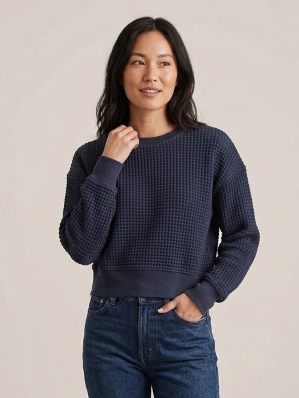 Perfect White Tee Sz S Navy Waffle Casual Relaxed Sweater